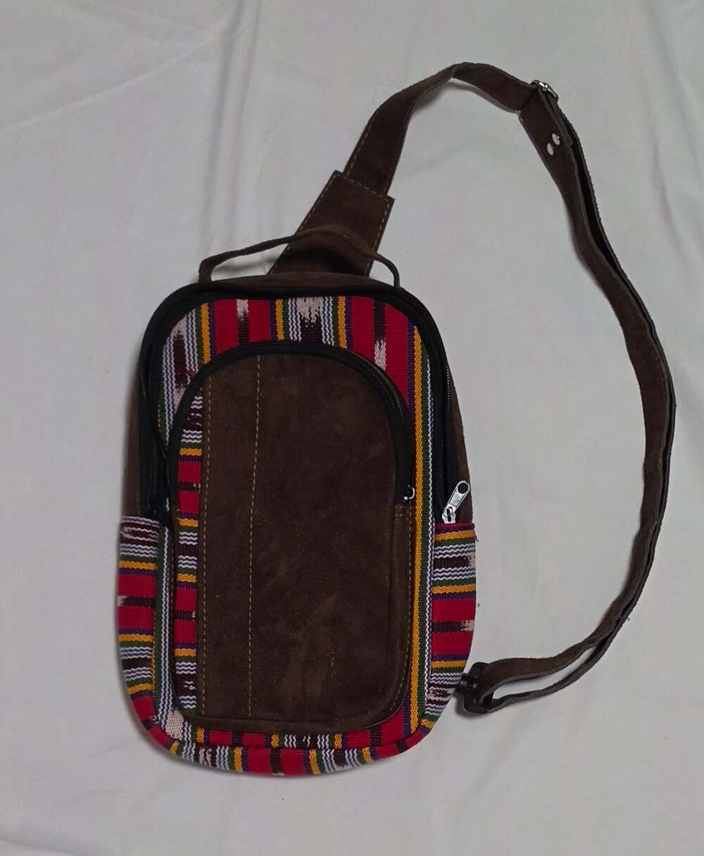Handmade Multi-Colored Striped Cotton and Suede Leather Sling Crossbody Bag